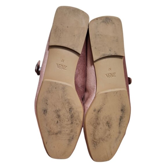 Zara Shoes Women's Size 37 Blush pink  Velvet Mary Jane Flats Square Toe Ballet - Picture 10 of 12